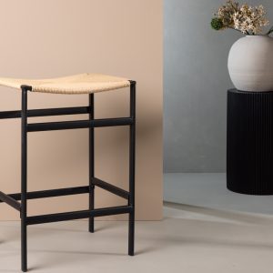 Launo Barkruk zwart met touwzitting beige 66cm